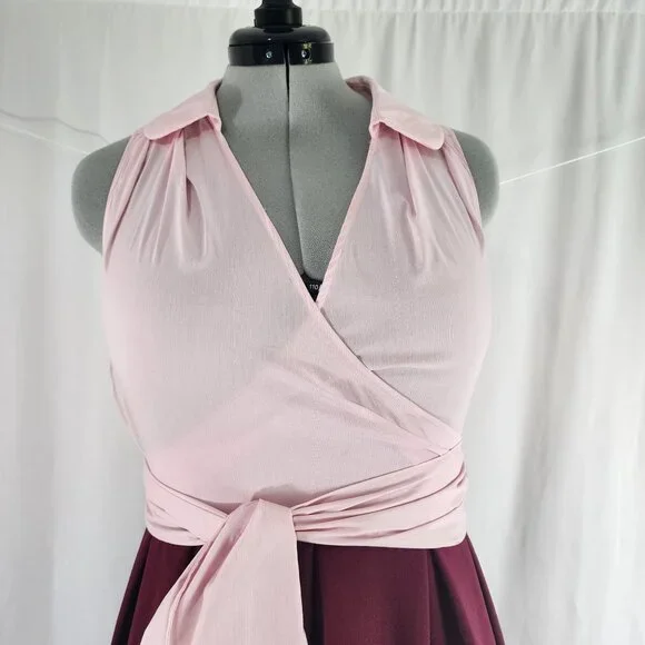 Leifnotes Pink & Burgundy Sleeveless Wrap Dress With Tie Waist - Size 10P - Picture 6 of 15